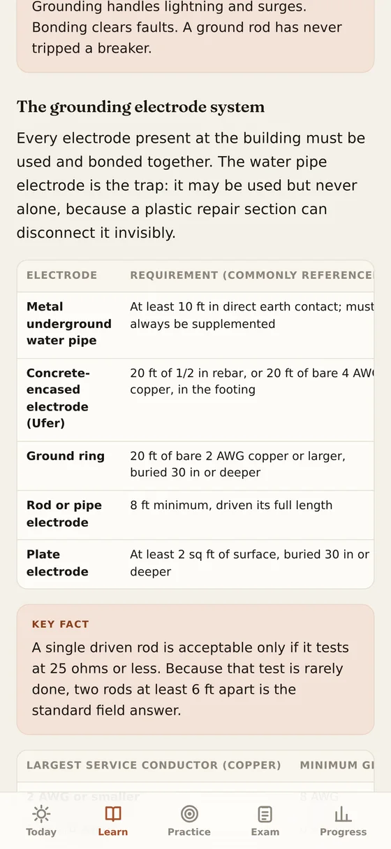 A Sillplate lesson on grounding versus bonding, showing a reference table of grounding electrode requirements.