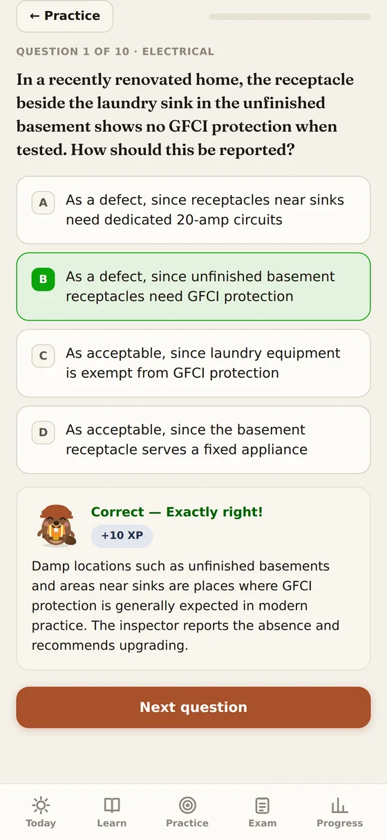 A Sillplate question about GFCI protection with the correct answer revealed and a written explanation below it.