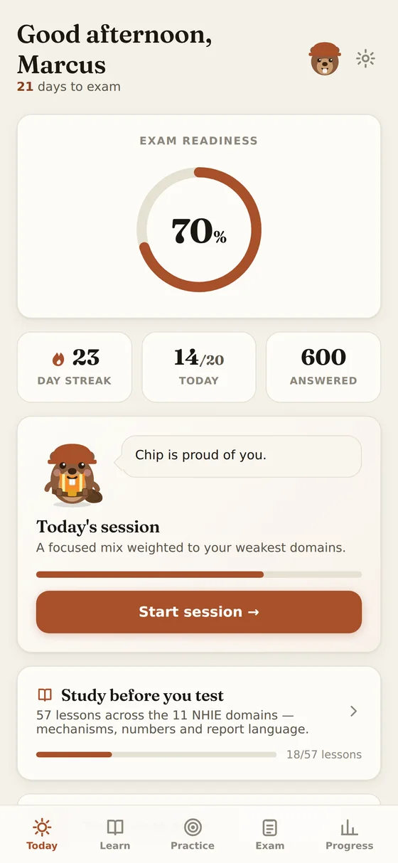 The Sillplate home screen showing an exam readiness ring at 70 percent, a 23-day streak and today's study session.